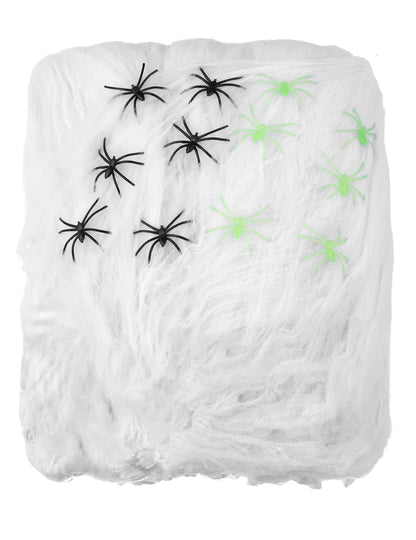 Décoration toile d'araignée Halloween blanche avec araignées noires et vertes 500g