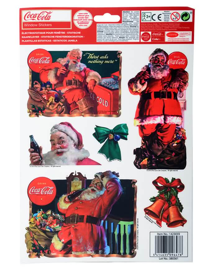 Coca-Cola-joulupukki-ikkunakoristeen pakkauksen takanäkymä