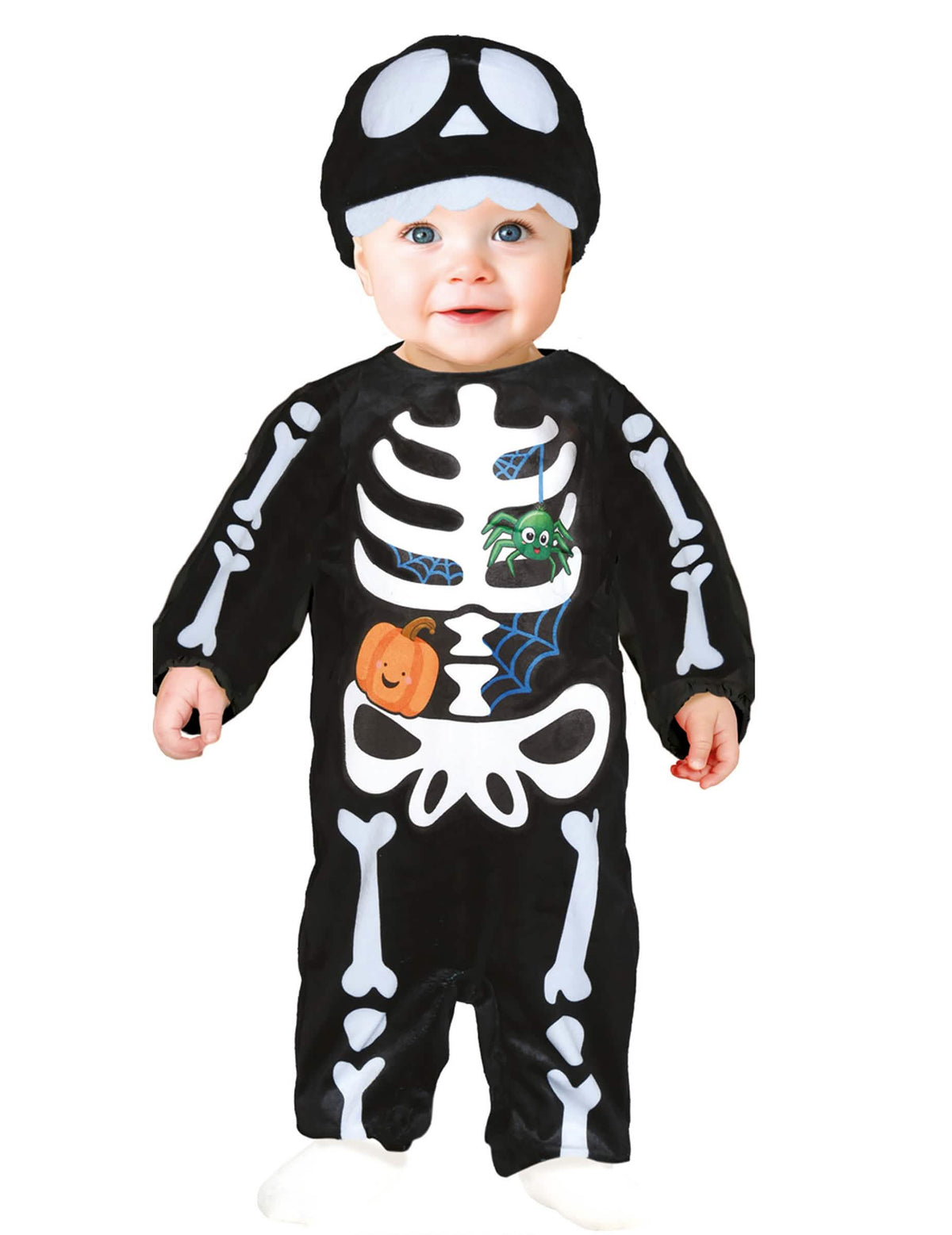 Déguisement de squelette pour bébé noir et blanc avec bonnet citrouille et araignée