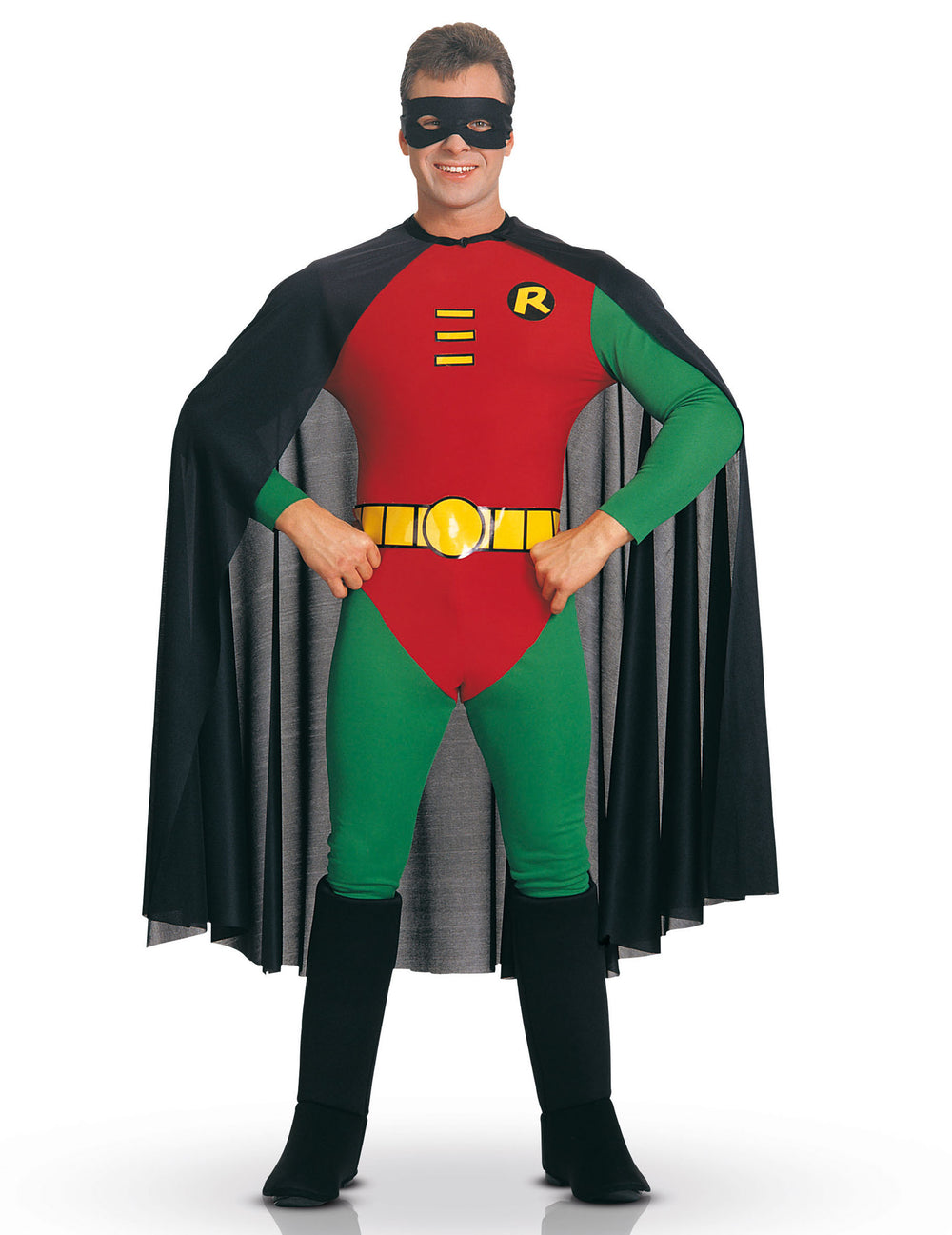 Déguisement Robin™ pour adulte rouge et vert avec cape noire et masque