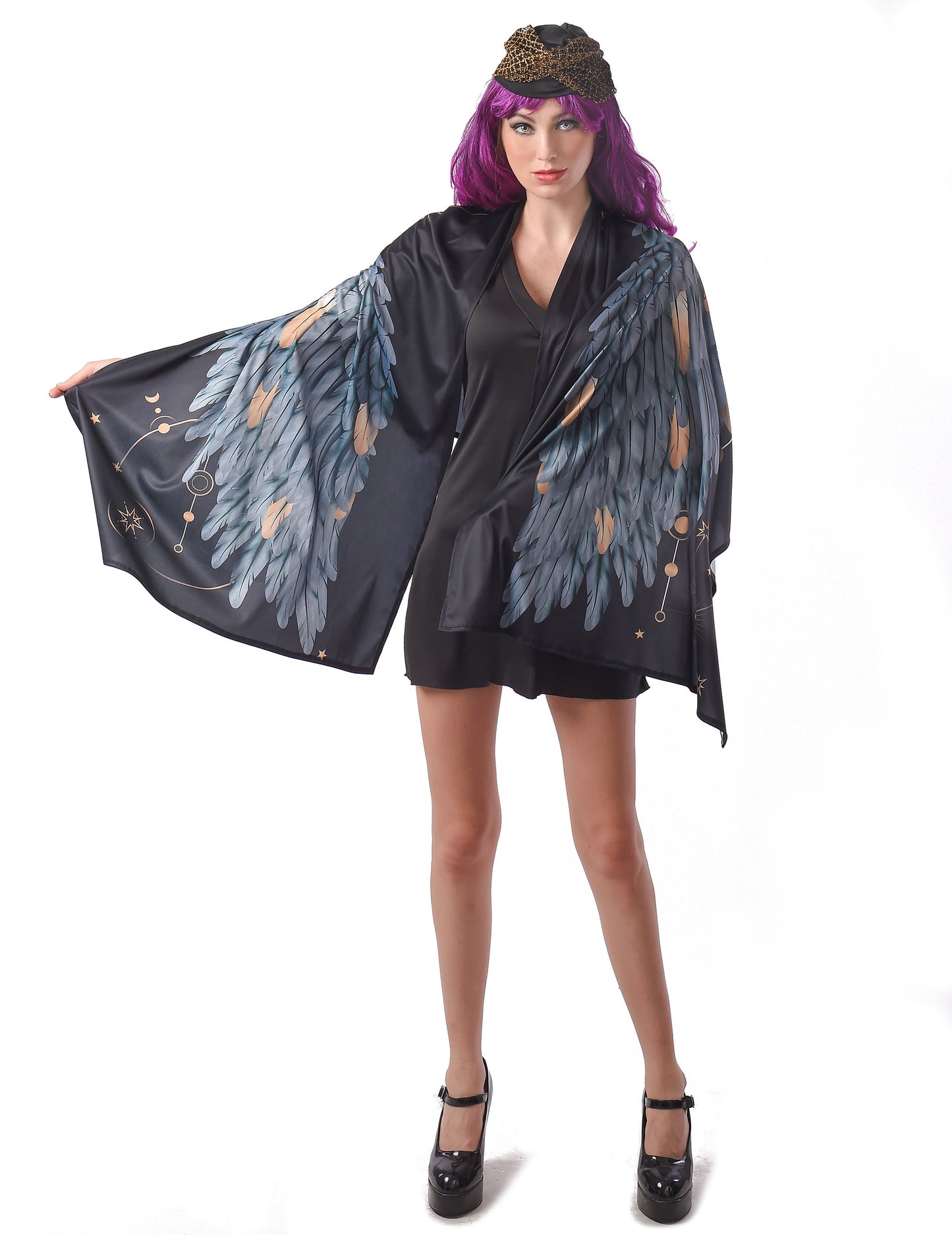 Déguisement poncho ailes d'ange pour femme noir avec plumes bleues et dorées