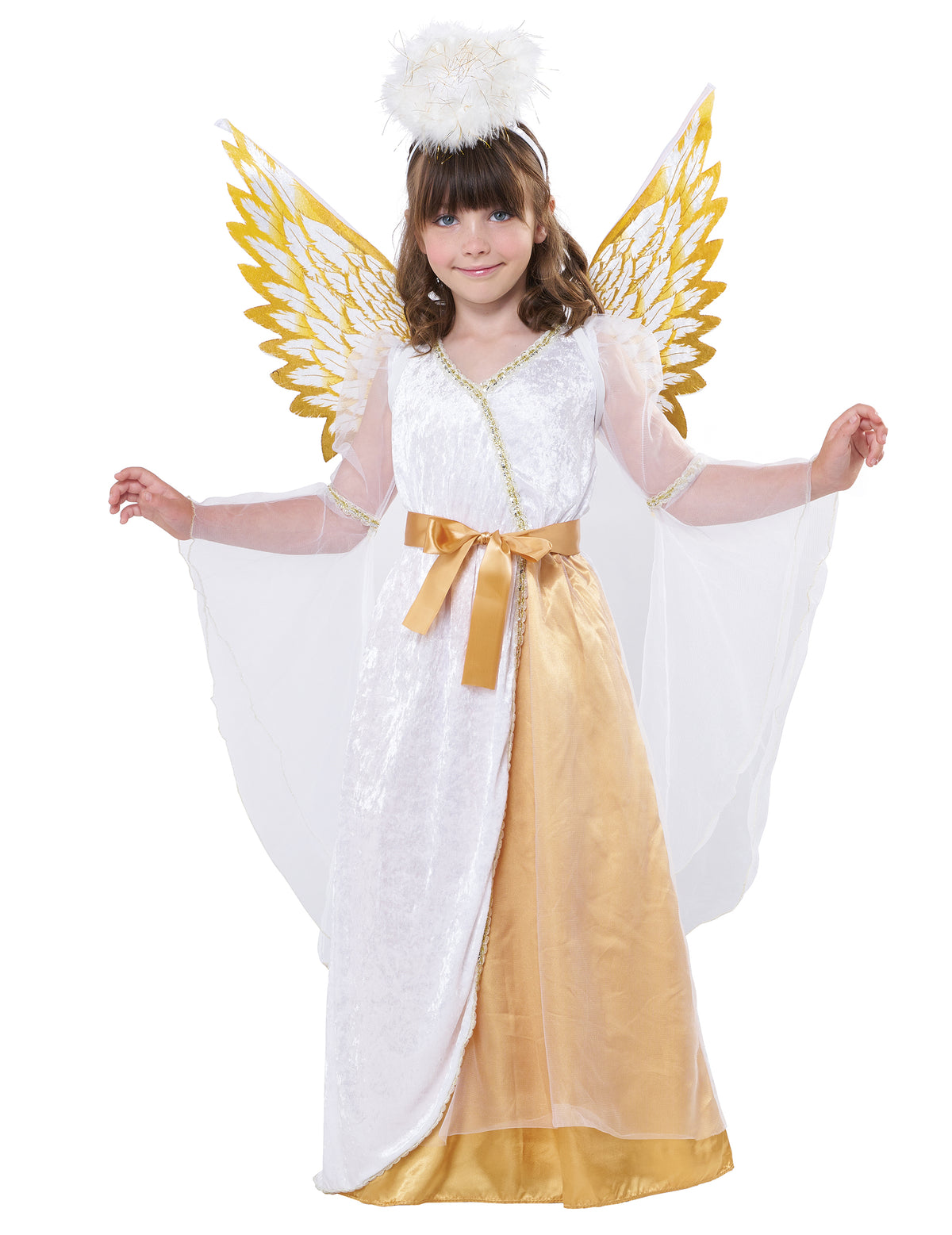 Vue de face du buste et des accessoires du déguisement ange gardien luxe