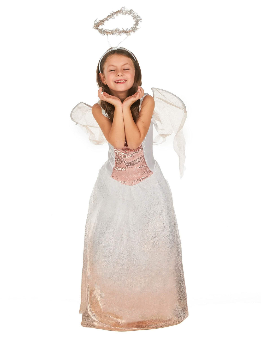 Vue de face du déguisement d'ange pour fille rose gold
