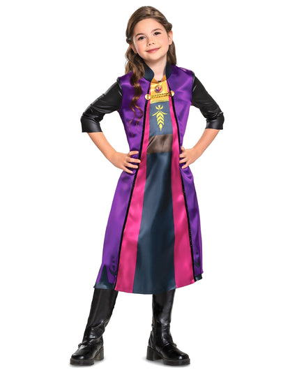 Vue de face de la robe d'Anna du déguisement de couple Elsa et Anna La Reine des Neiges pour enfants