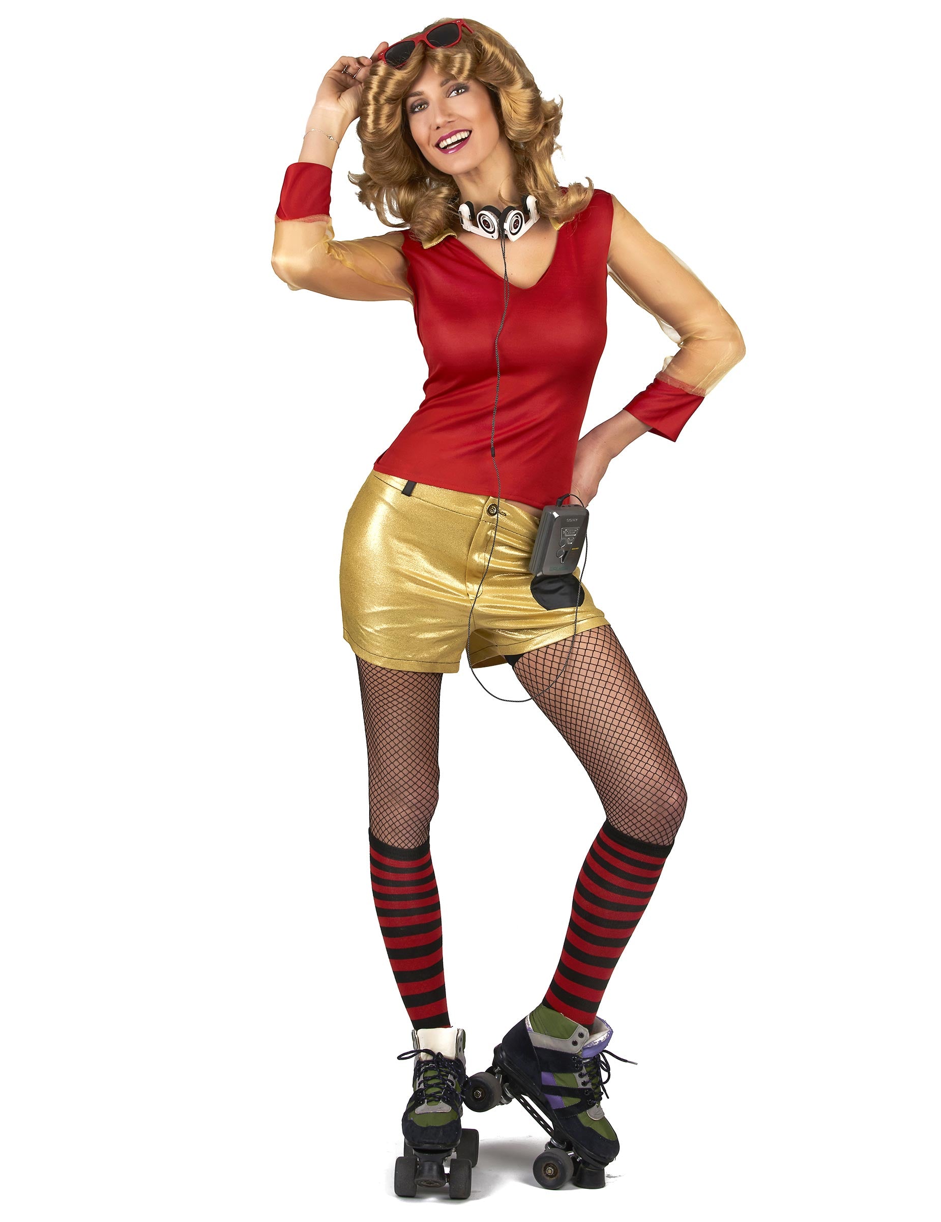 Déguisement années 80 pour femme doré et rouge avec short brillant