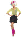 Déguisement années 80 pop pour femme avec haut jaune fluo et jupe noire à volants
