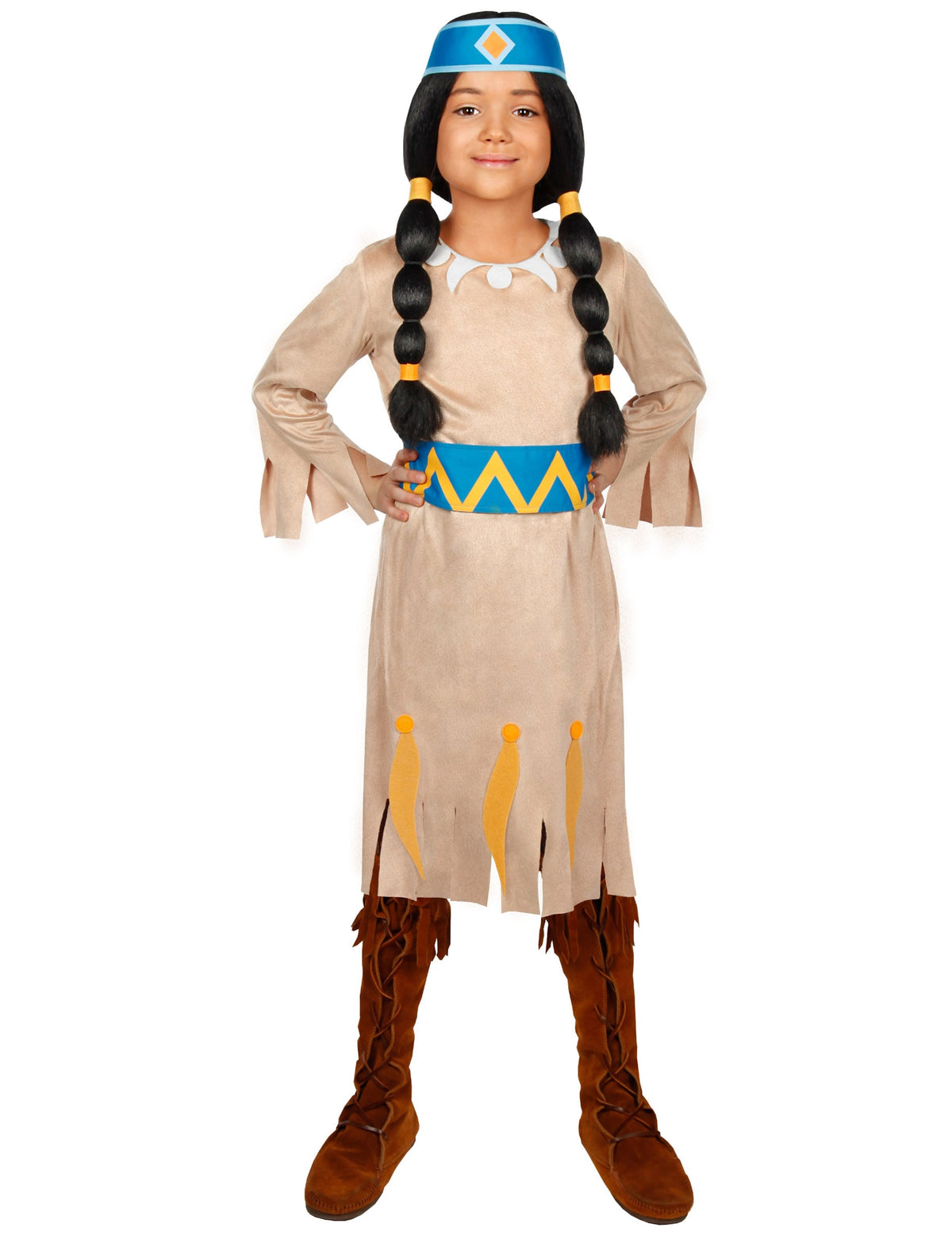 Déguisement Arc-en-Ciel - Yakari™ pour fille beige avec ceinture bleue et jaune