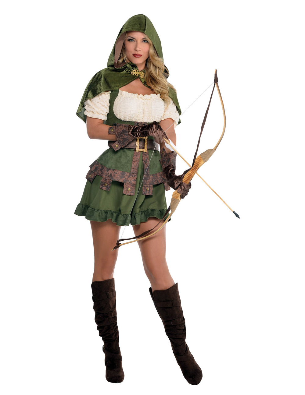 Déguisement d'archer sexy pour femme vert et marron avec cape à capuche