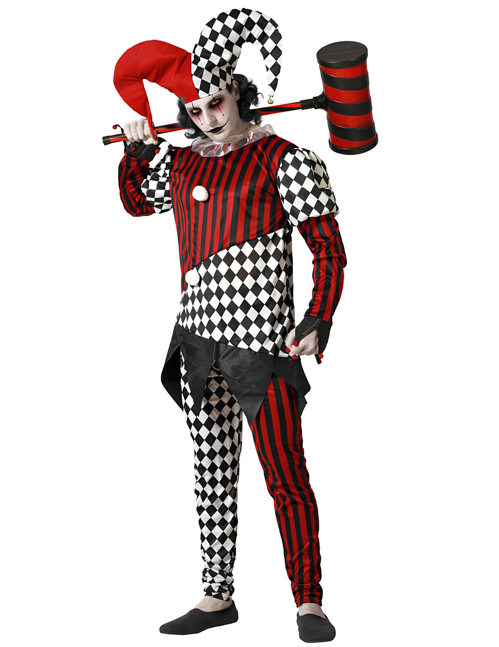 Déguisement Arlequin effrayant pour homme rouge et noir à motifs damier et rayures