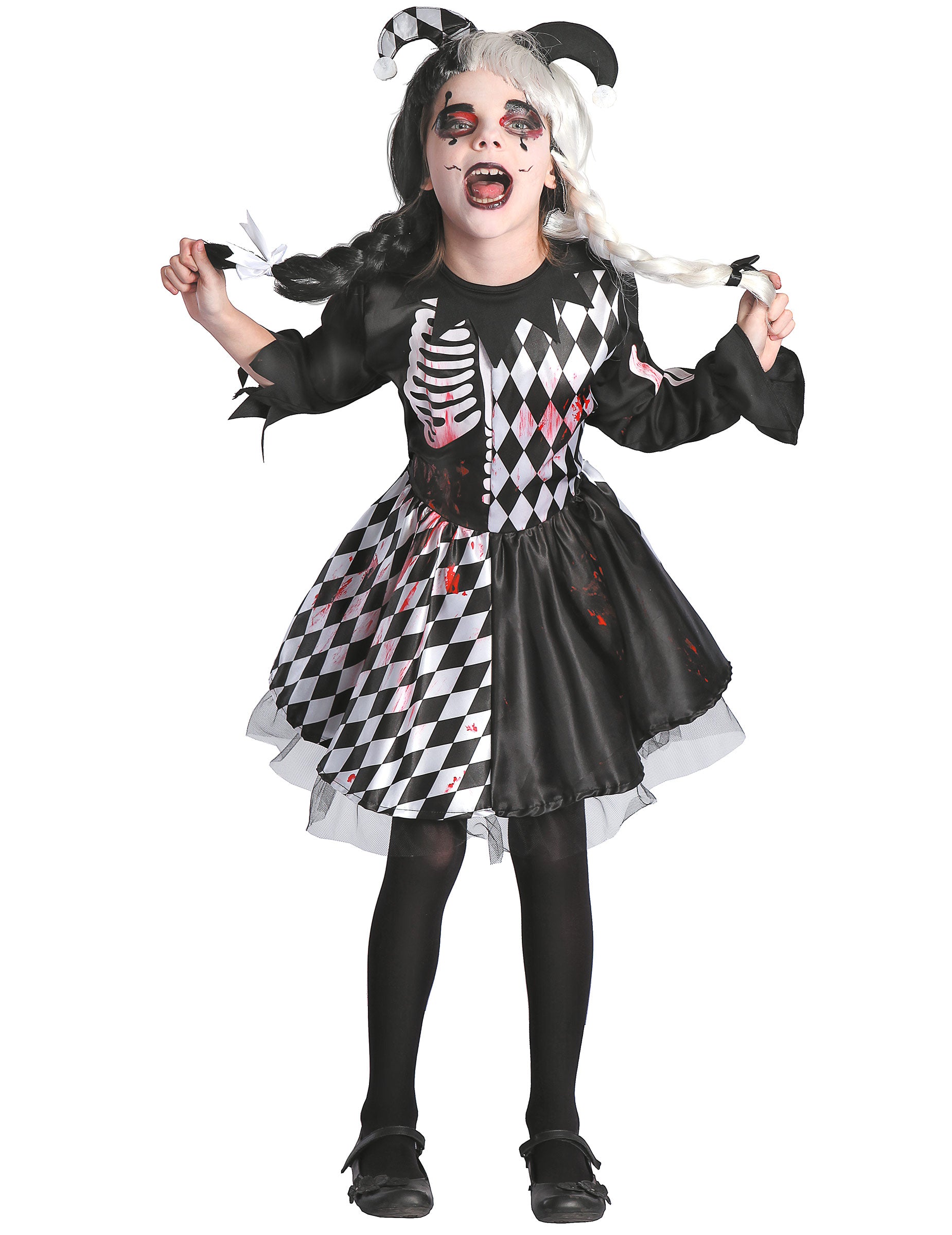 Déguisement arlequin ensanglanté pour fille noir et blanc avec motif squelette