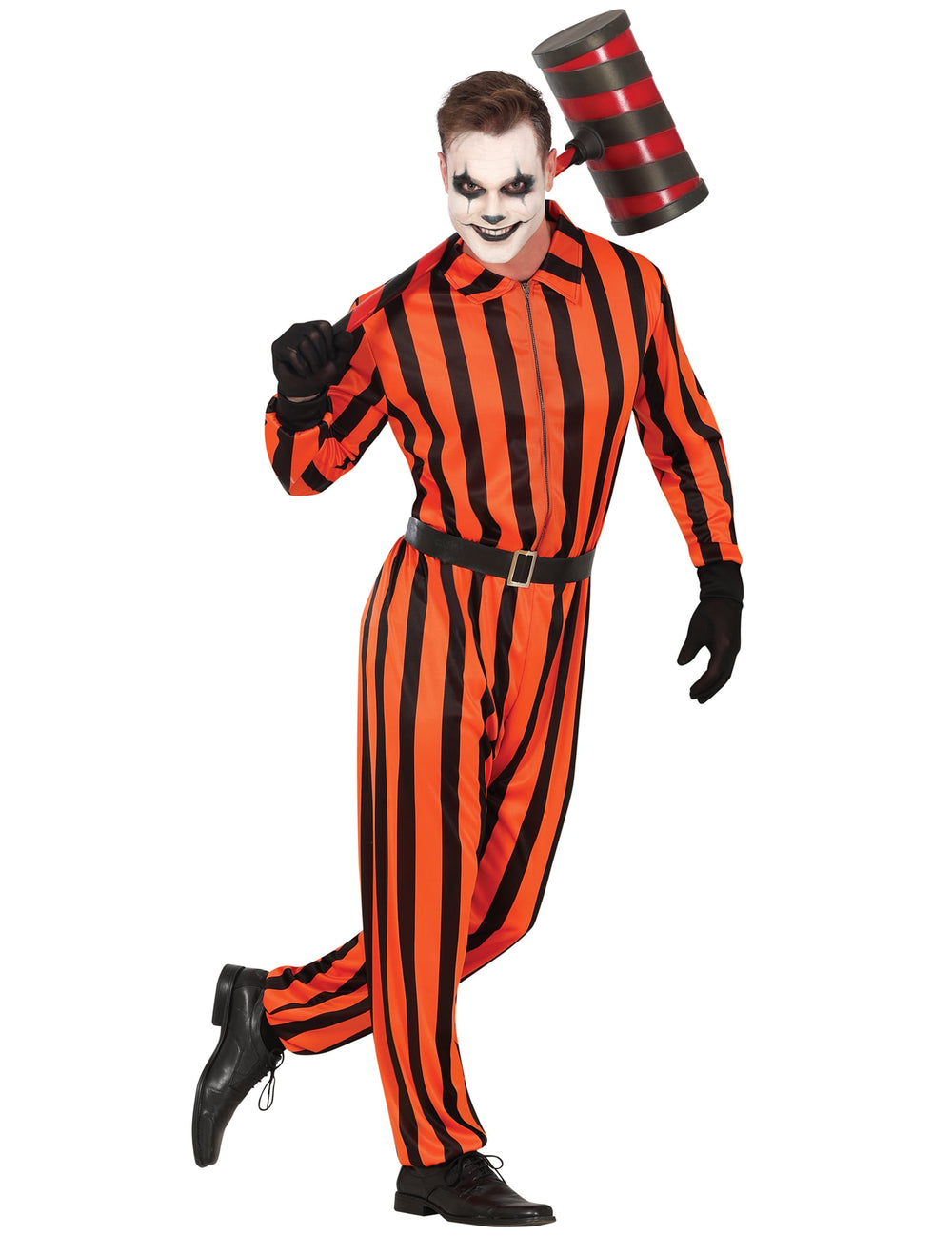 Déguisement arlequin prisonnier pour homme orange et noir à rayures verticales