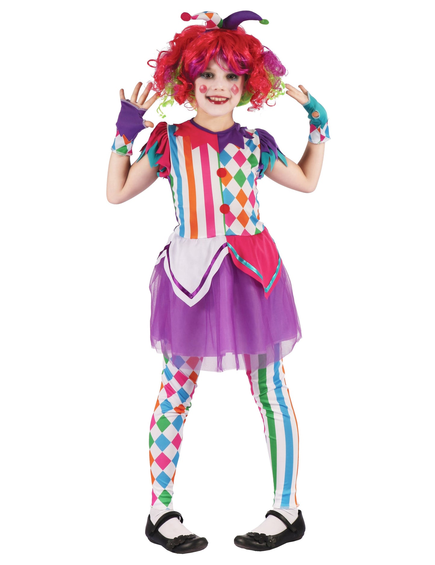 Déguisement arlequine colorée pour fille multicolore avec jupon violet et motifs losanges