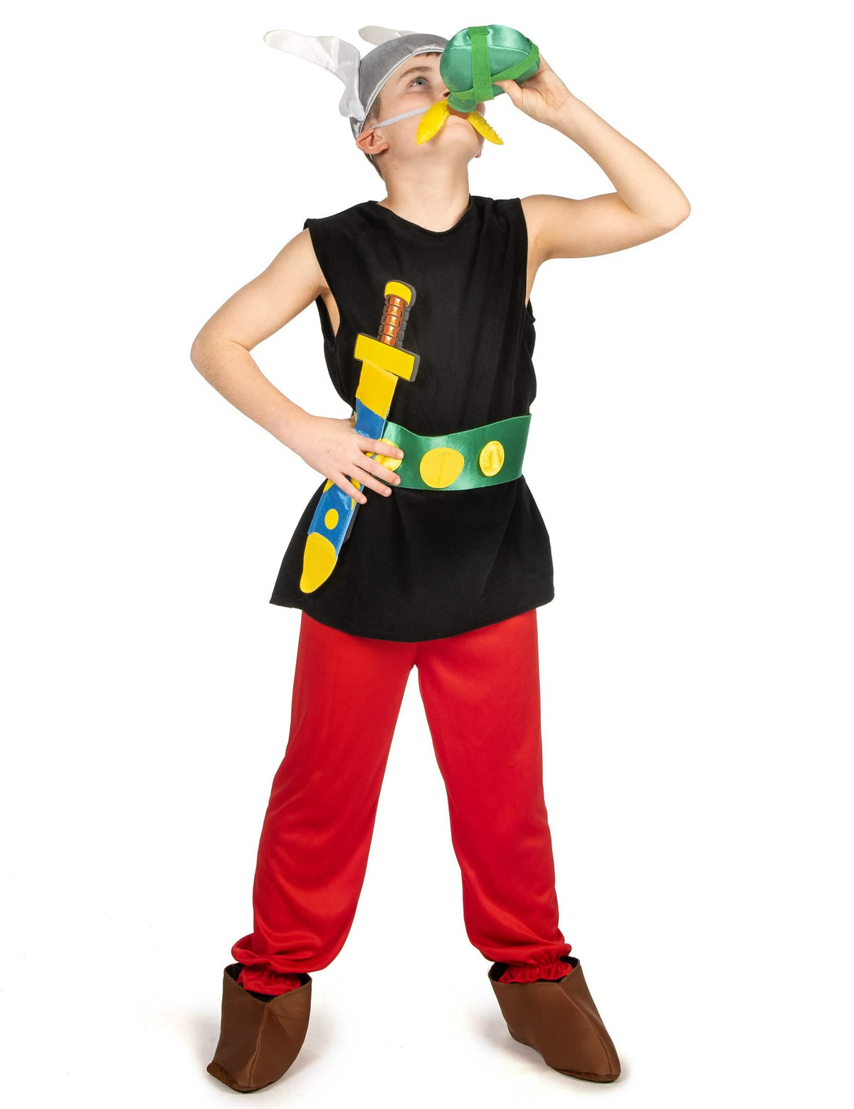 Taikajuomapullon yksityiskohta lapsille tarkoitetusta Asterix-puvusta