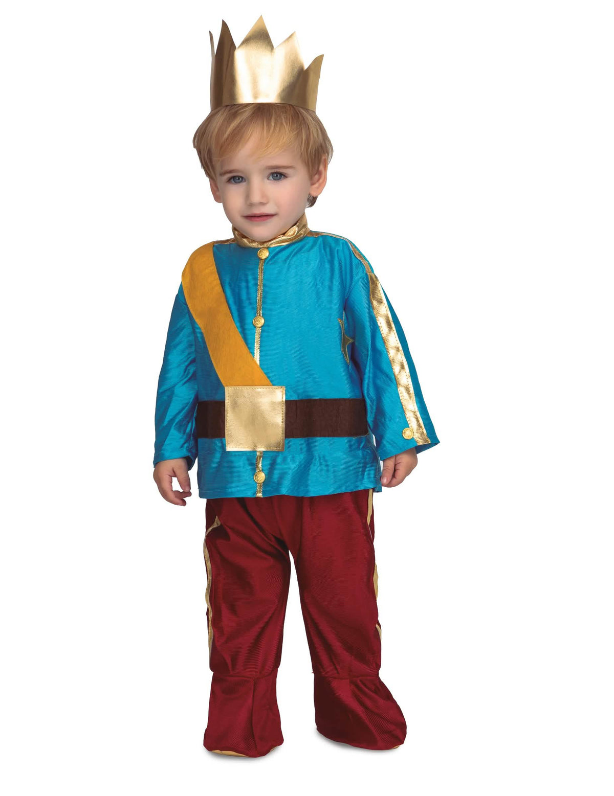 Déguisement avec couronne prince pour bébé bleu et rouge avec détails dorés