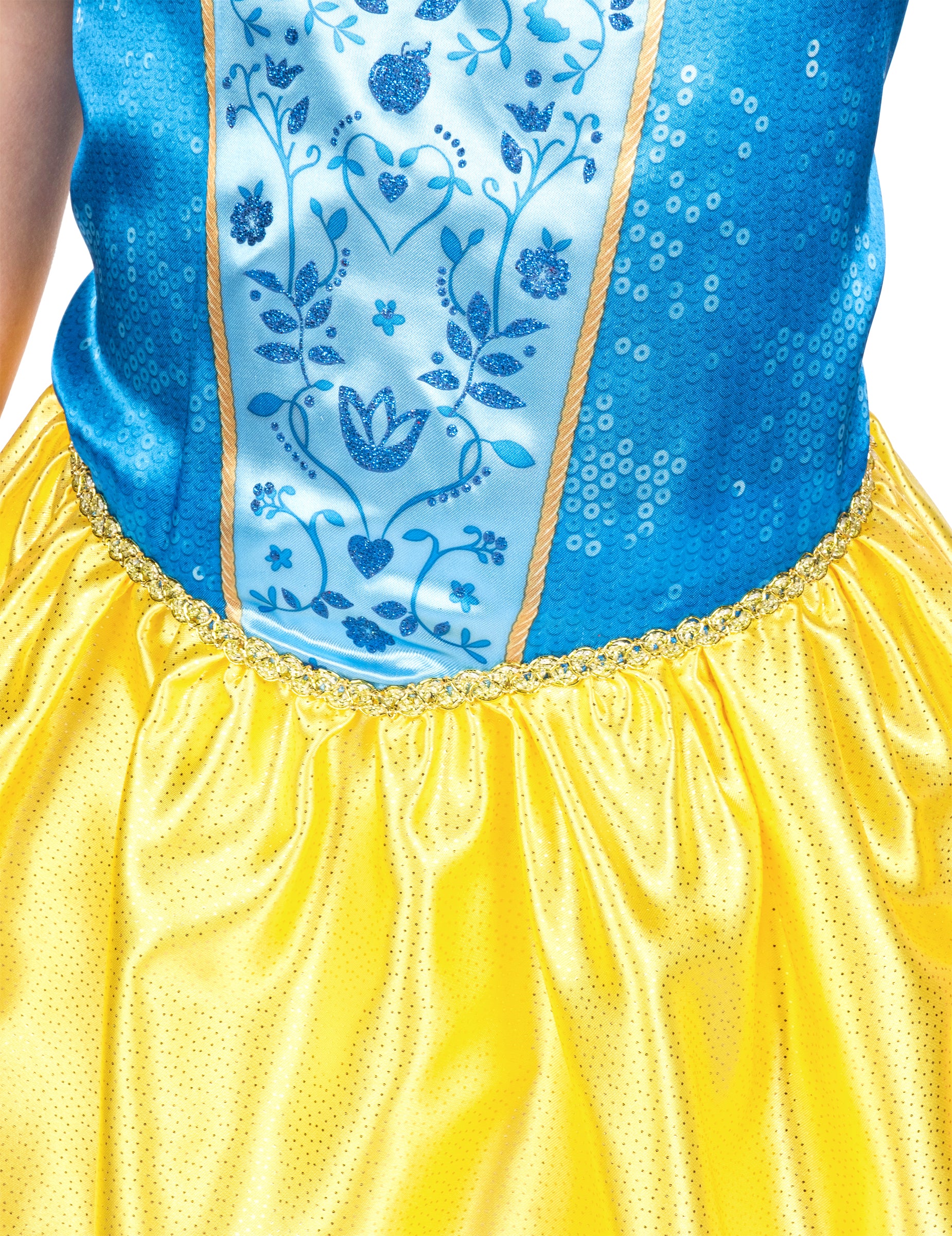 Gros plan sur les motifs et sequins du bustier du déguisement Blanche Neige™ classique