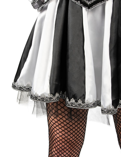 Détail du bas de la jupe et des collants résille du déguisement de bouffon diabolique pour femme noir et blanc luxe