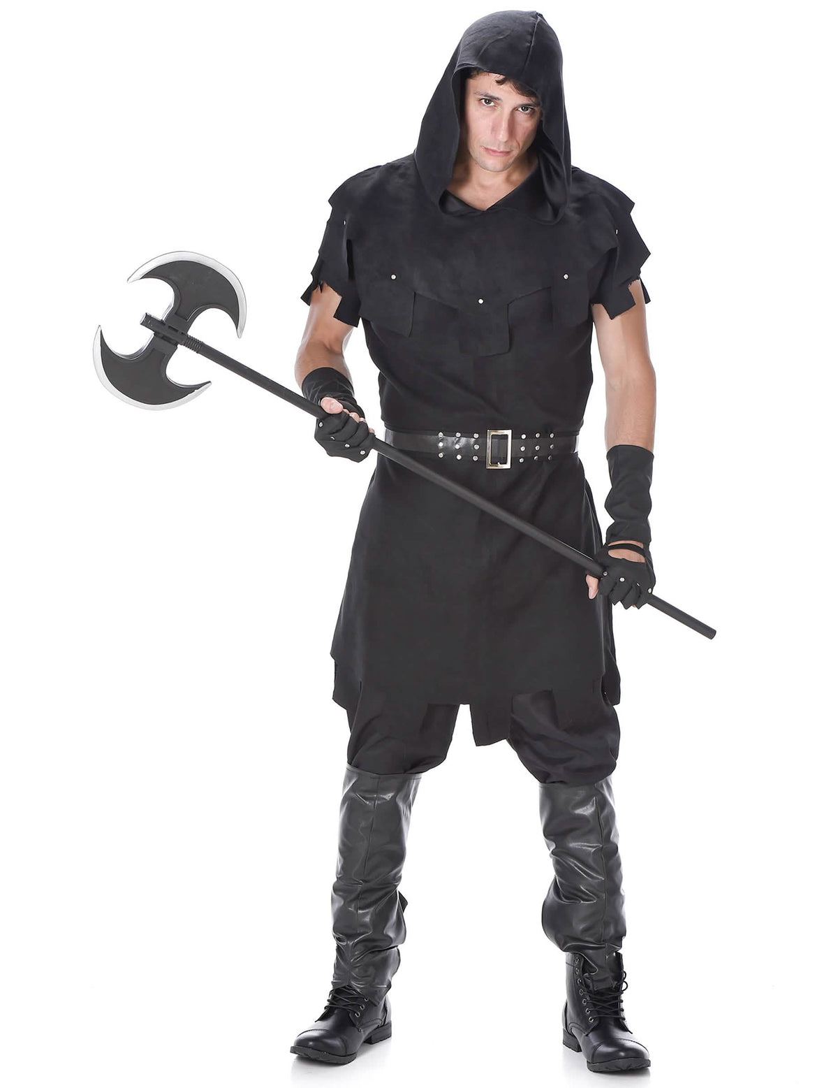 Déguisement de bourreau pour homme noir avec capuche et hache