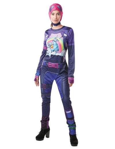 Déguisement Brite Bomber Fortnite pour adulte violet avec motif lama arc-en-ciel et cagoule rose
