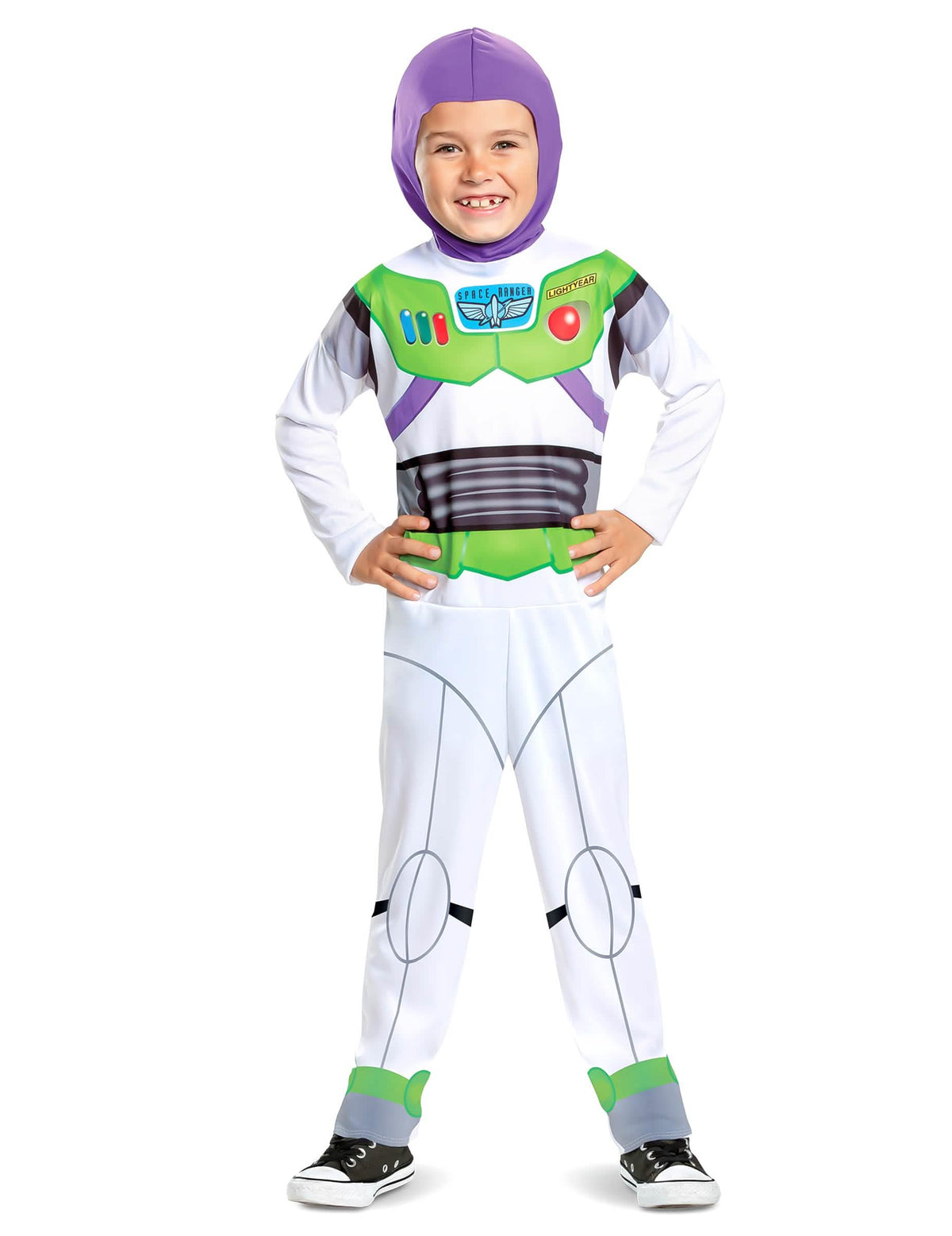 Déguisement Buzz L'éclair Toy Story classique pour enfant blanc vert et violet avec cagoule
