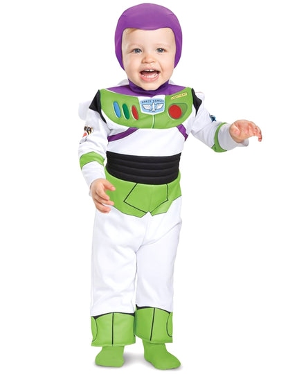 Déguisement Buzz L'éclair Toy Story deluxe pour bébé blanc vert et violet avec cagoule