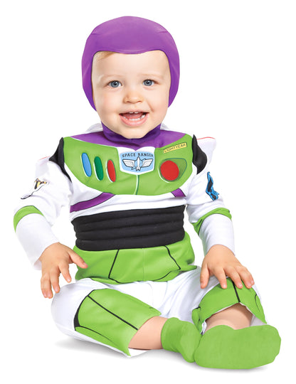Déguisement deluxe Buzz l'Éclair Toy Story pour bébé blanc vert et violet avec cagoule
