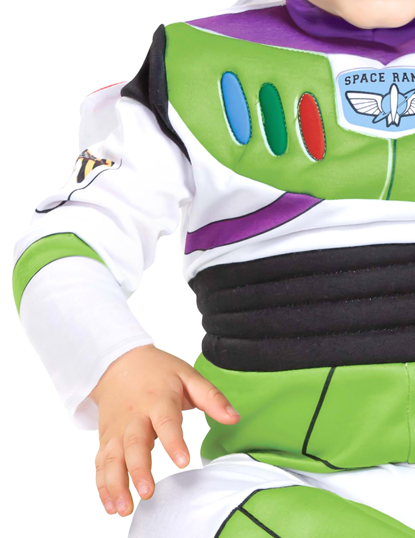 Gros plan sur le buste et les détails du déguisement Buzz L'éclair Toy Story deluxe
