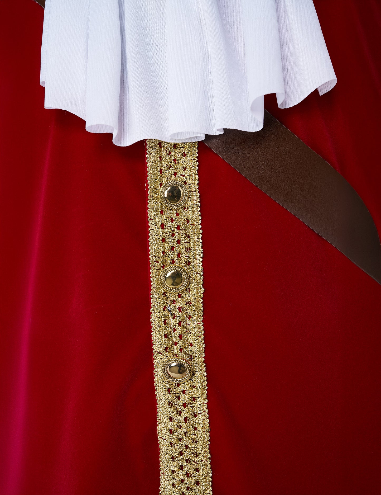 Détail du jabot et des galons dorés du déguisement de capitaine pirate à crochet luxe
