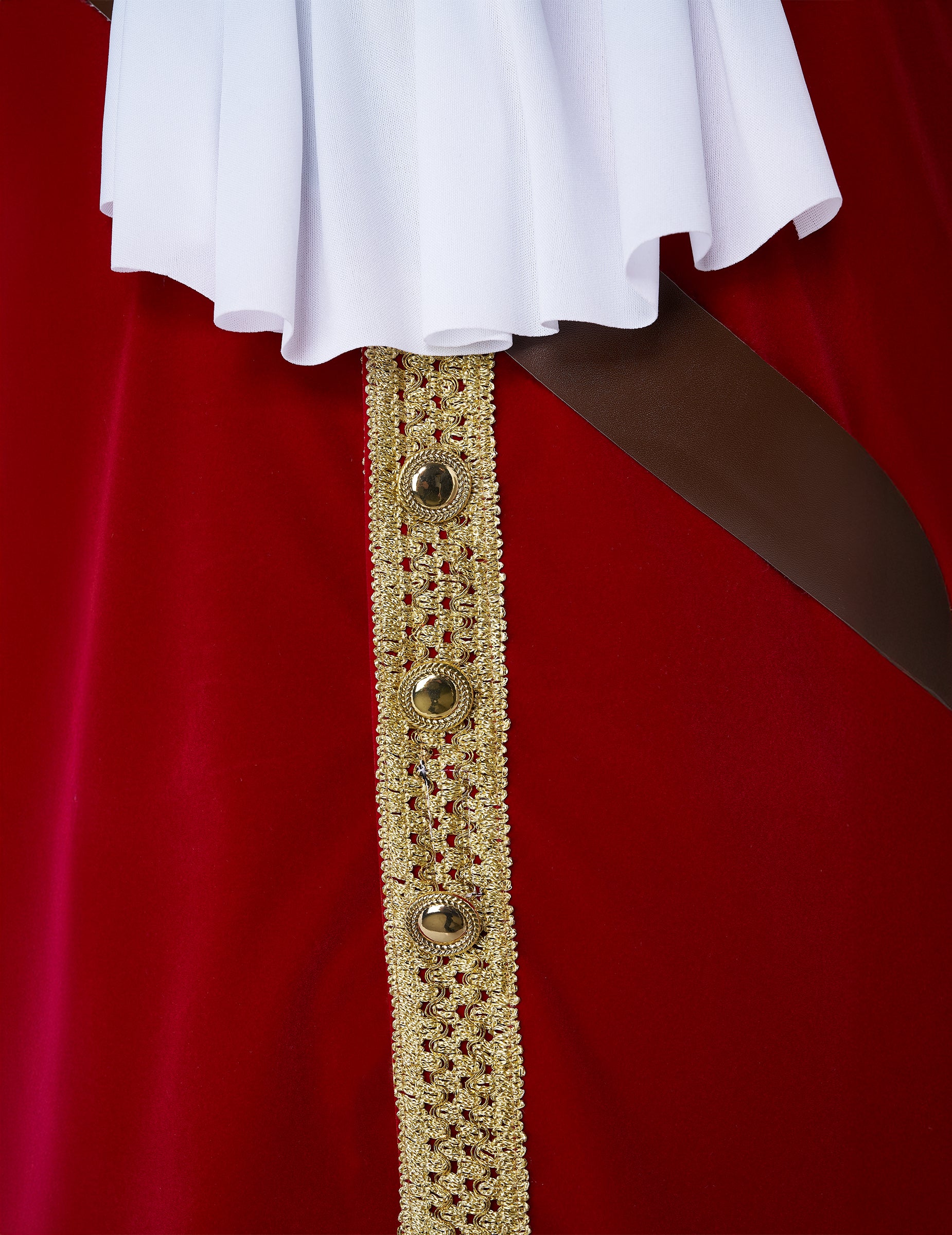 Détail du jabot et des galons dorés du déguisement de capitaine pirate à crochet luxe