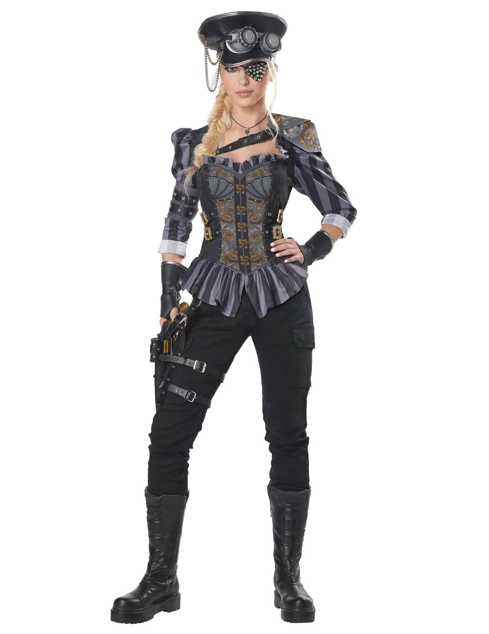 Kapteenin steampunk-luksusasu naisille musta ja harmaa, jossa on korsetti ja hattu
