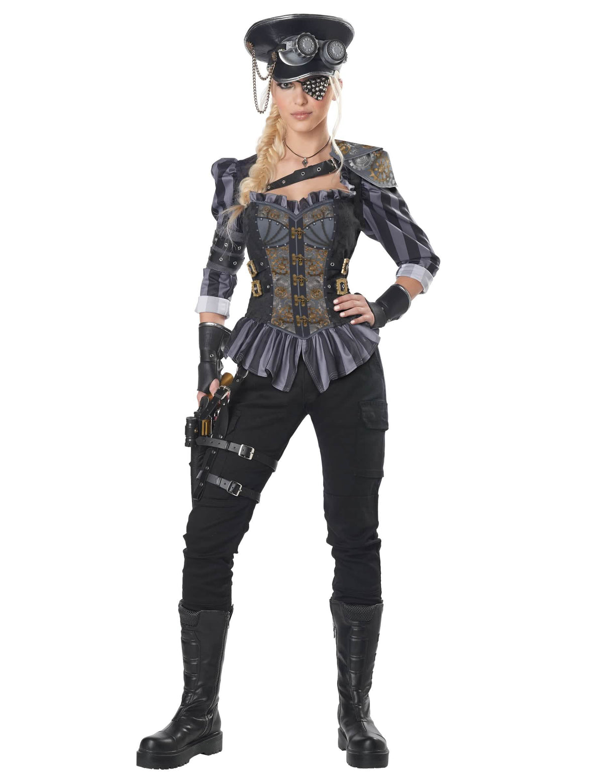 Kapteenin steampunk-luksusasu naisille musta ja harmaa, jossa on korsetti ja hattu