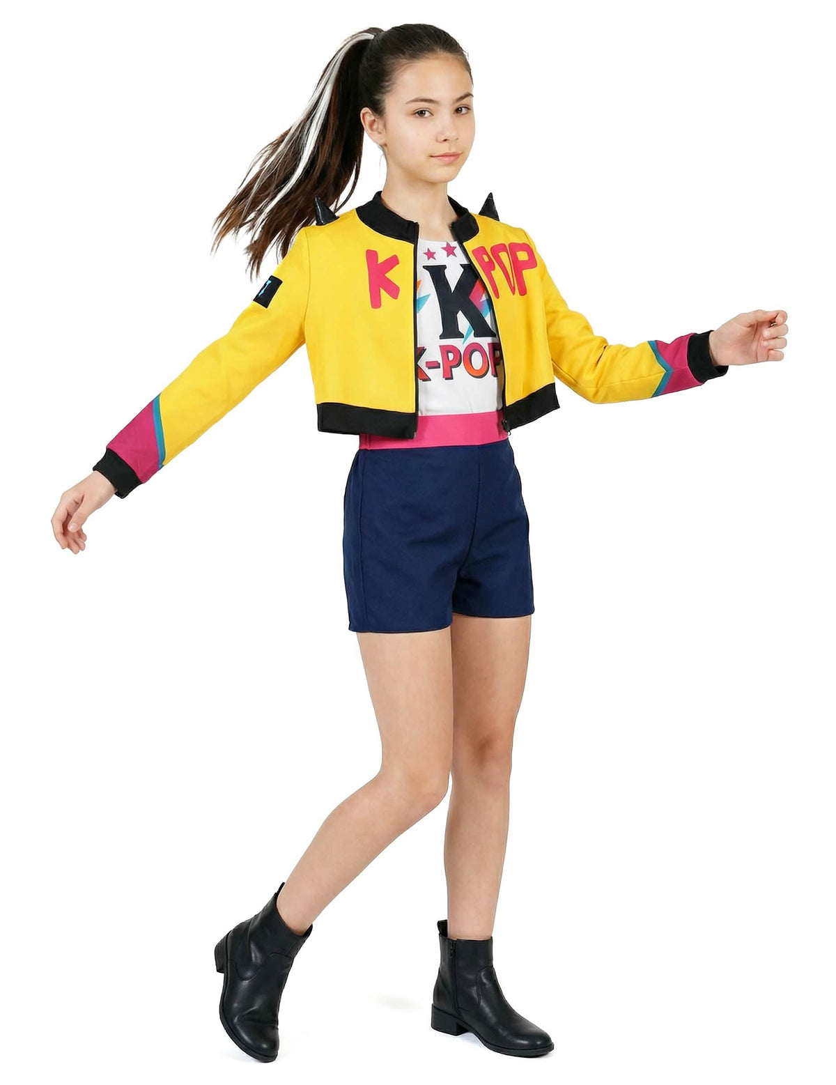 Déguisement de chanteuse Kpop pour adolescente jaune et bleu avec veste courte et short