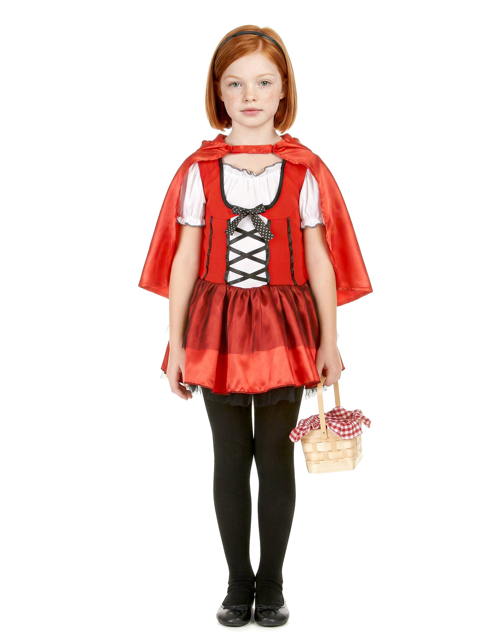 Vue de face avec panier du déguisement de chaperon rouge pour fille