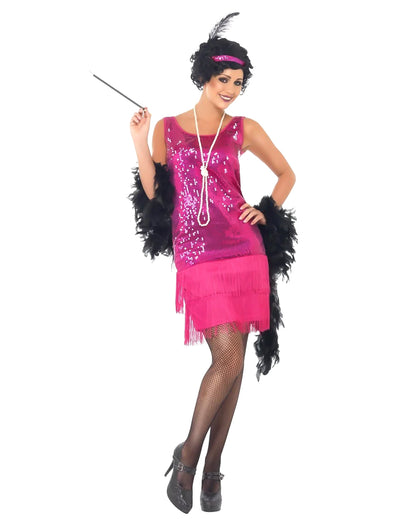Déguisement charleston pour femme rose à sequins et franges