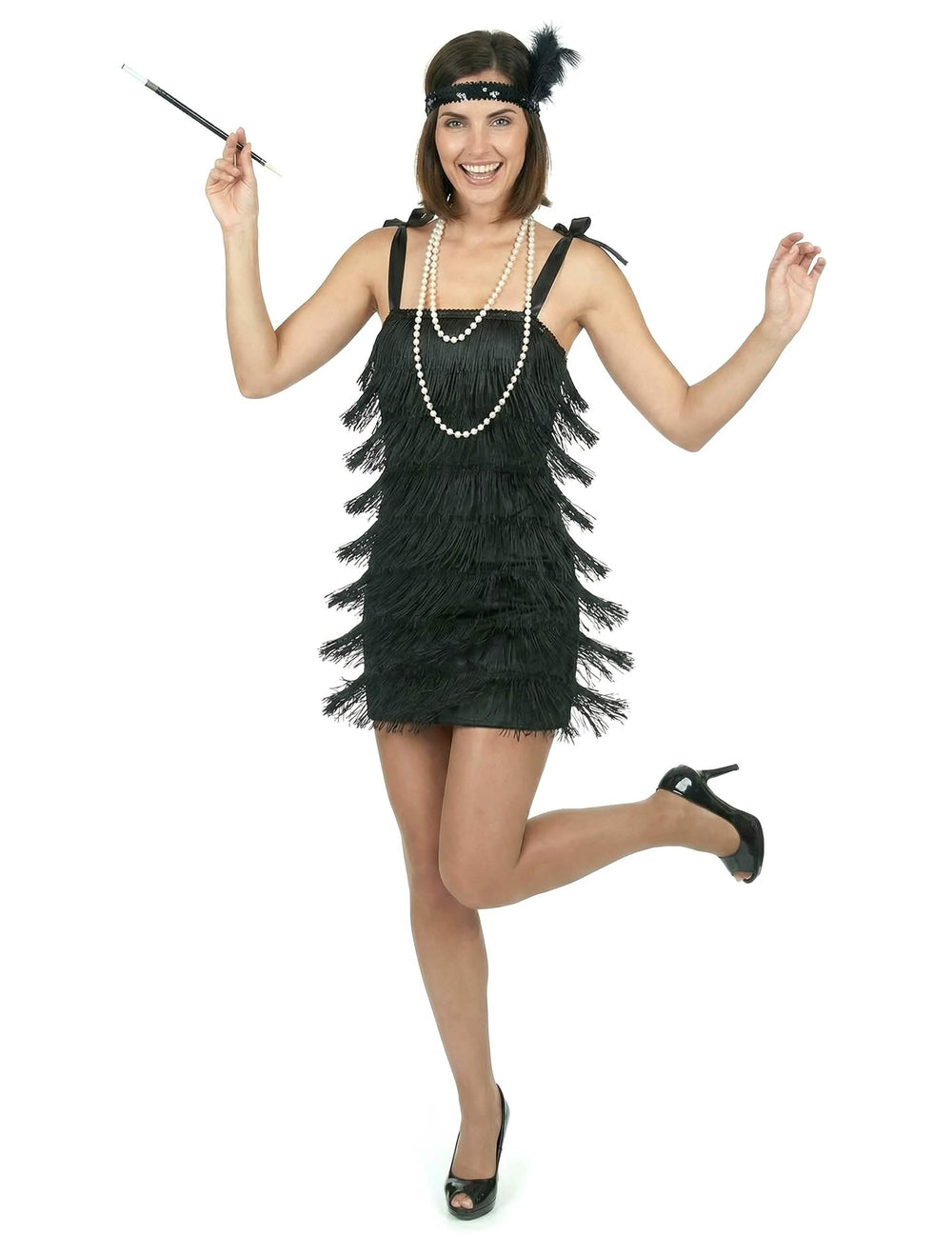 Vue d'ensemble avec accessoires du déguisement charleston pour femme