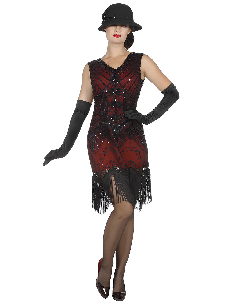 Vue de trois-quarts du déguisement Charleston pour femme rouge à sequins luxe