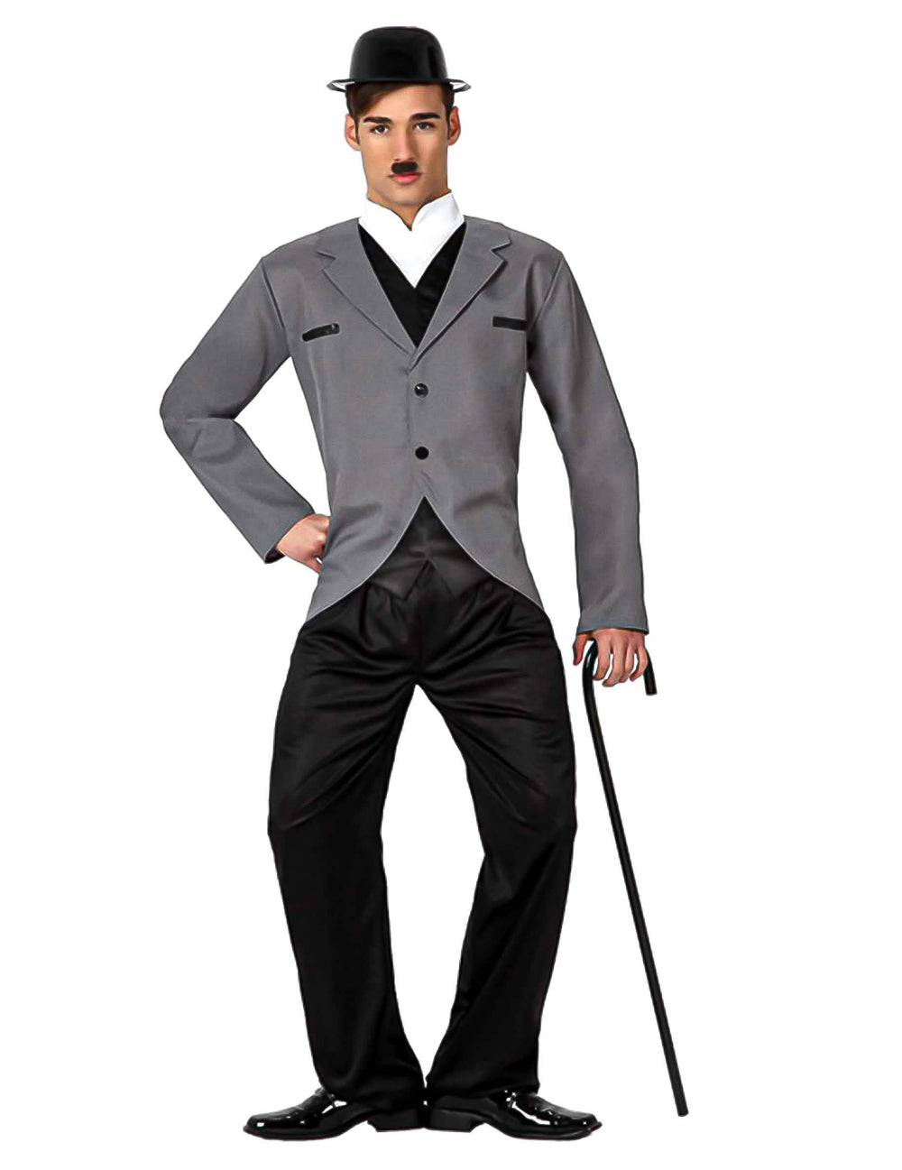 Charlie Chaplin -tanssijakatujen naamiaisasu miehet harmaa ja musta, jossa on kulmahattu