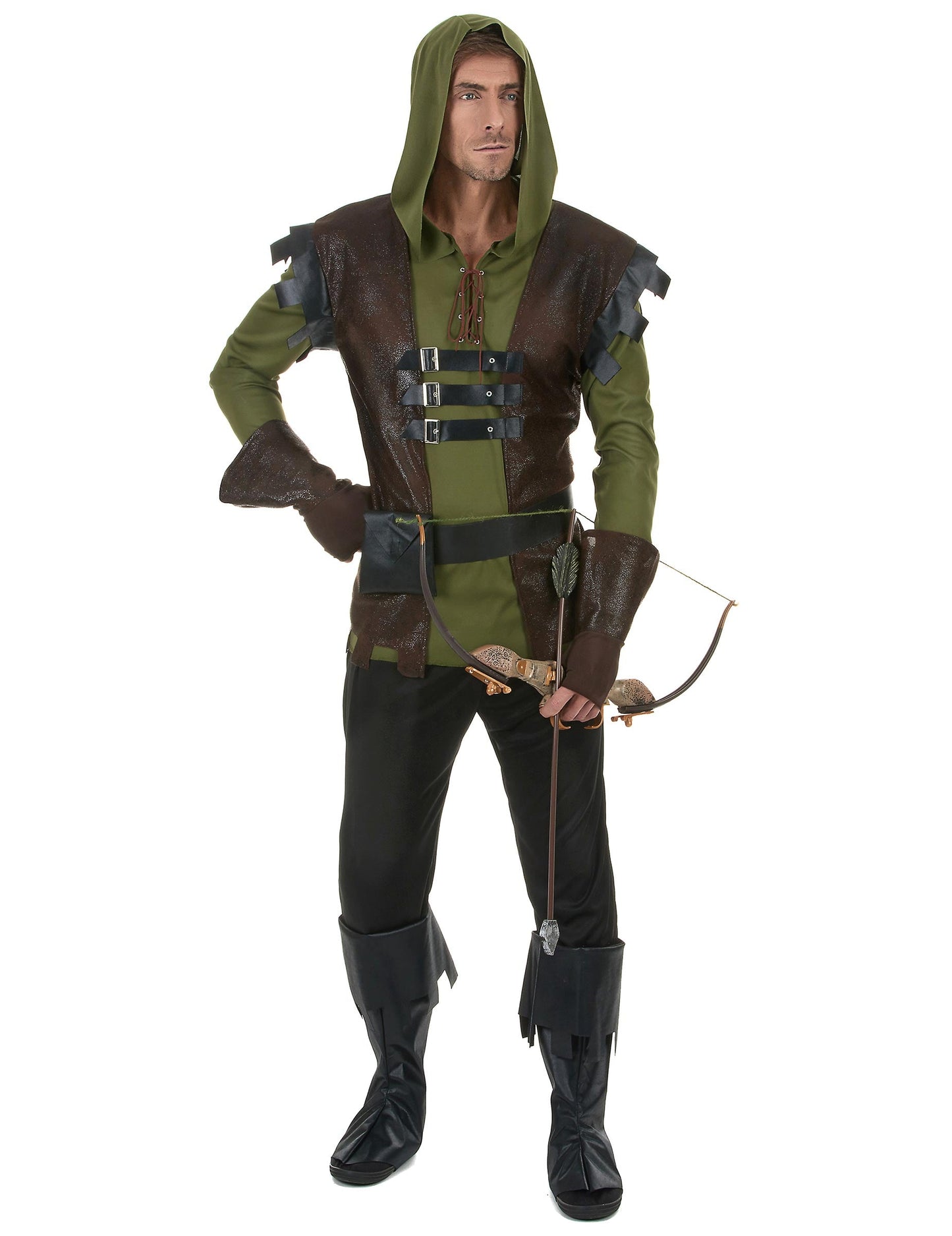 Déguisement chasseur archer pour homme vert et marron avec capuche