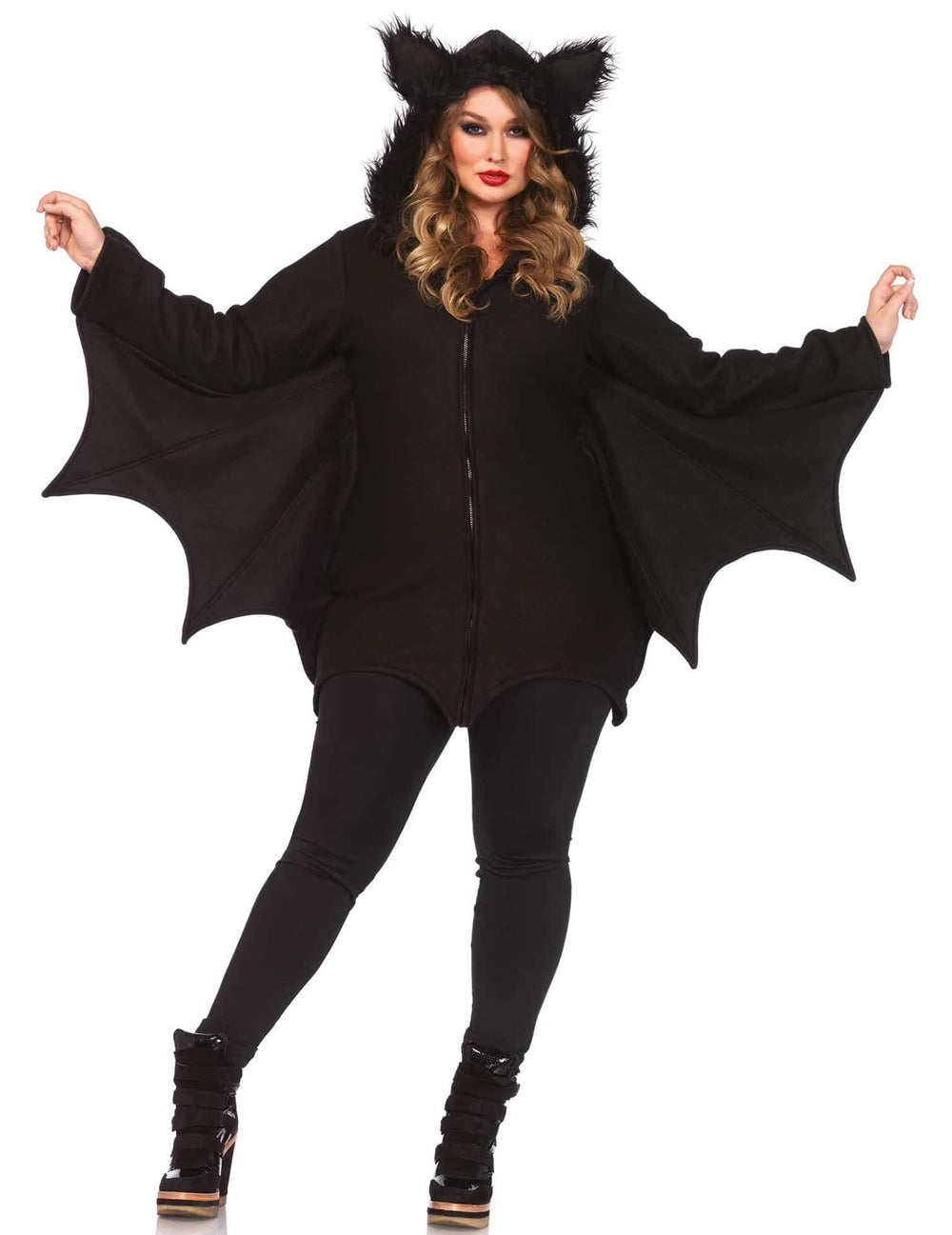 Edestä näkyvät auki levitetyt siivet naisten halloween-lepakkoasusta