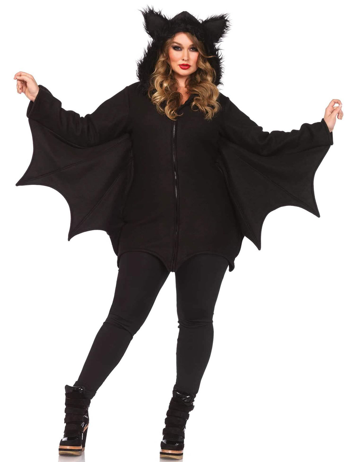 Edestä näkyvät auki levitetyt siivet naisten halloween-lepakkoasusta