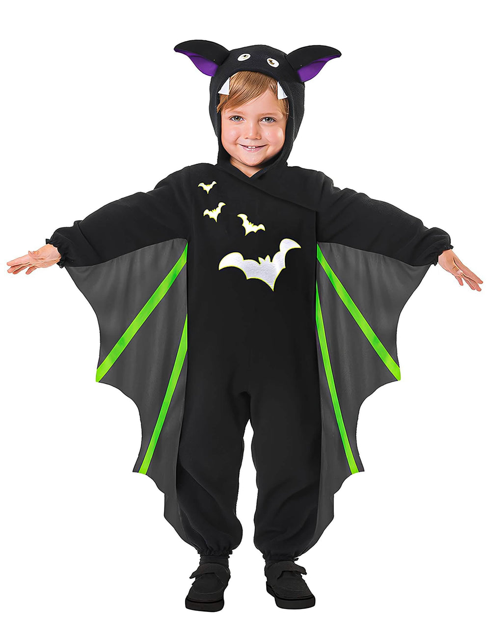 Déguisement chauve-souris volante pour enfant noir avec ailes grises et vertes