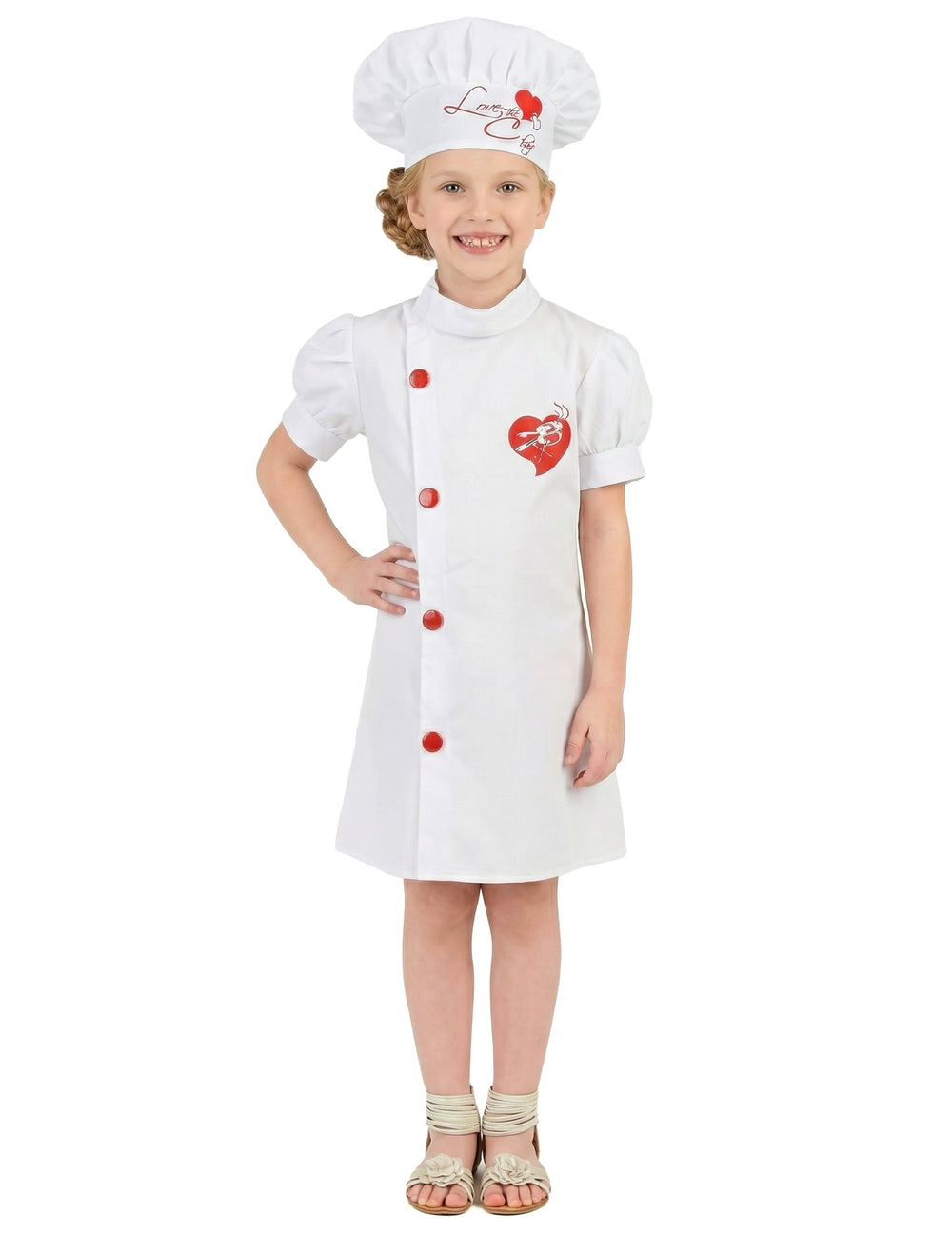 Déguisement de chef cuisinier pour fille blanc avec cœurs rouges et toque