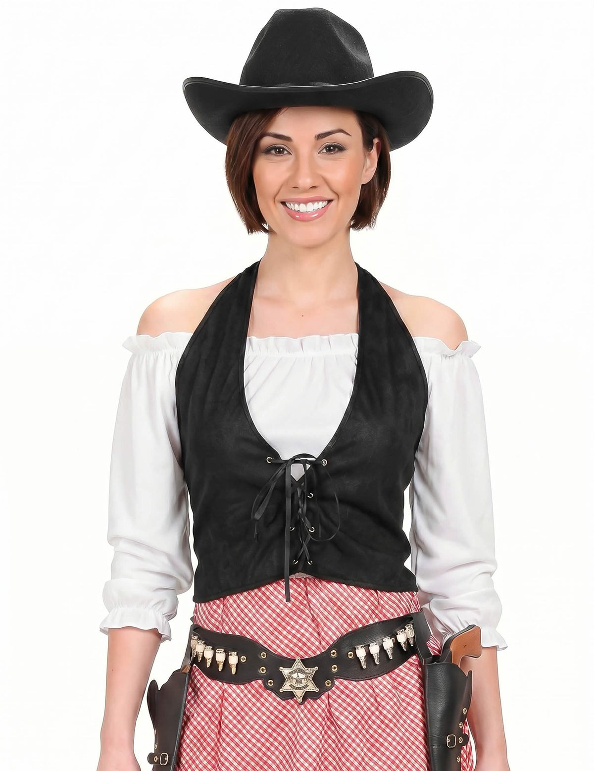 Kaukaisen lännen naisille tarkoitetun cowboy-asun nyörivestin ja hatun yksityiskohdat
