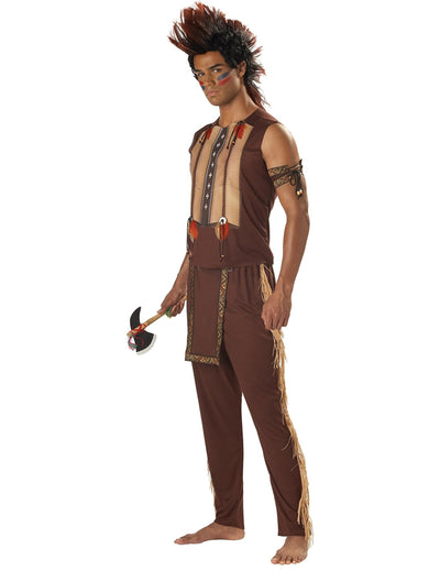 Déguisement chef indien luxe pour homme marron avec franges et plastron imprimé
