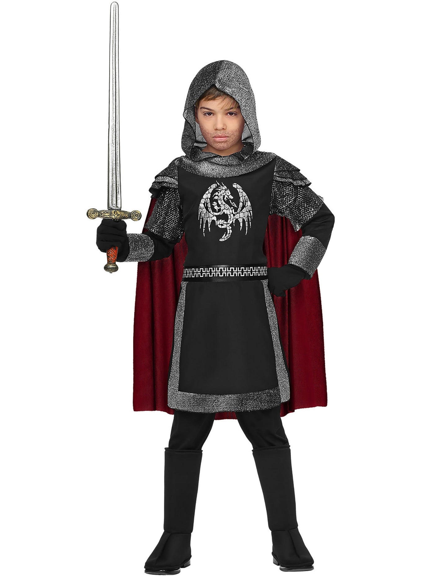 Épée tenue en main du déguisement de chevalier des dragons pour enfant