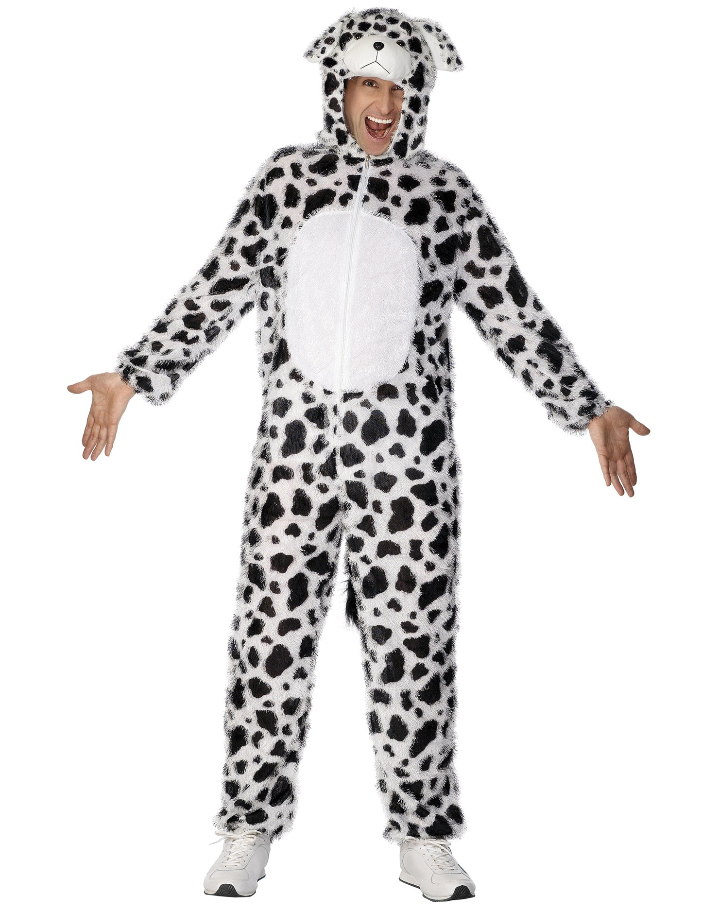 Déguisement de chien dalmatien pour adulte blanc à taches noires avec capuche à oreilles