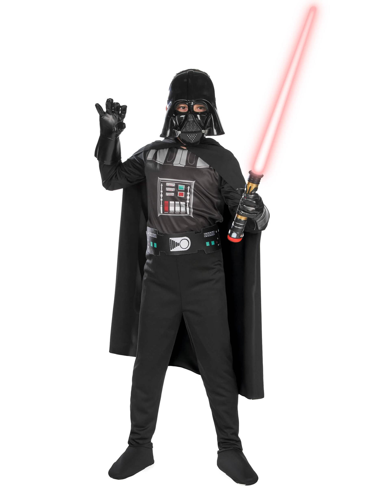 Punainen valomiekka, jota pidetään kädessä, klassiseen Darth Vader -asuun pojille