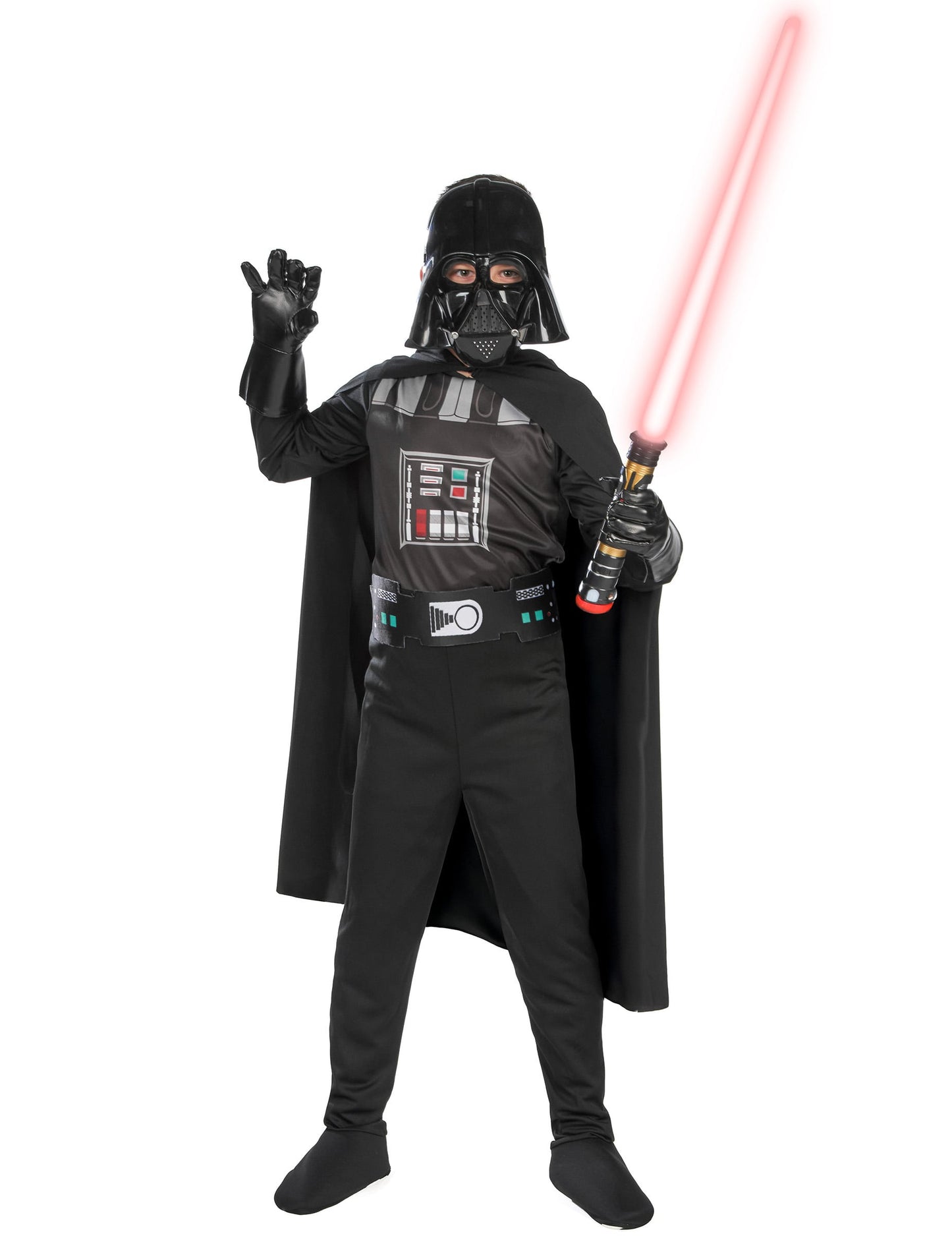 Sabre laser rouge tenu en main du déguisement classique Dark Vador pour garçon