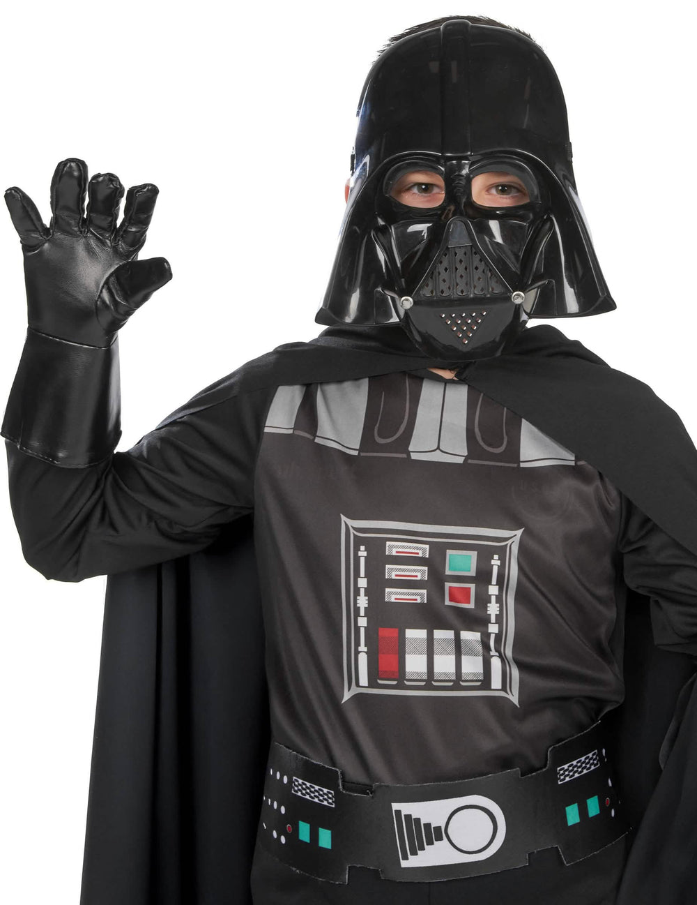 Lähikuva klassisen Darth Vader -naamiaisasun maskista ja hansikkaasta pojille