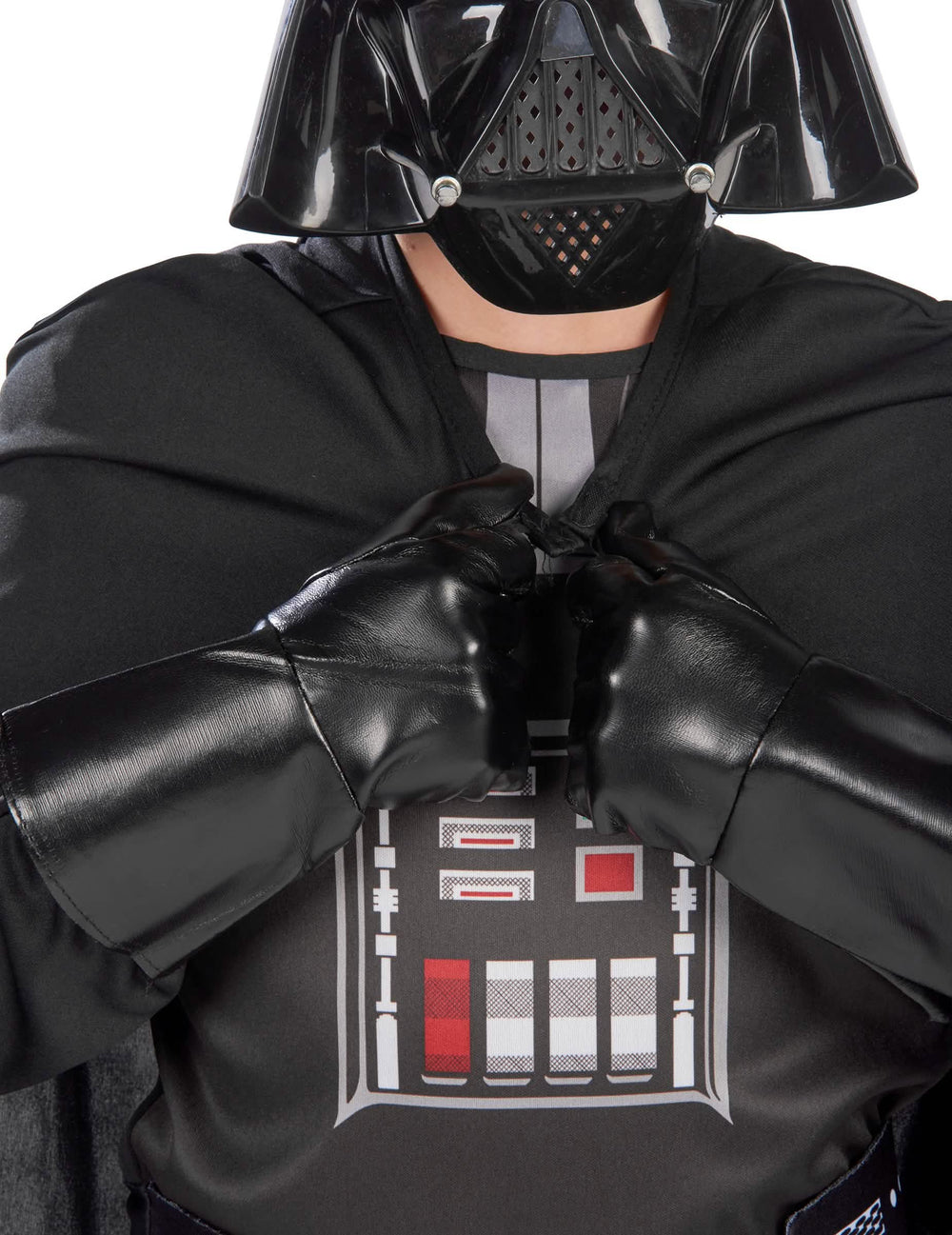 Lähikuva klassisen Darth Vader -naamiaisasun yläosasta ja hanskat ja käsineet pojatille