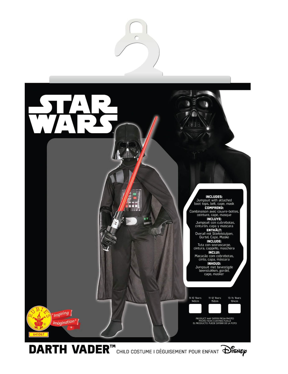 Pakkauksen sisältö ja klassinen Darth Vader -pojat-asu pojille